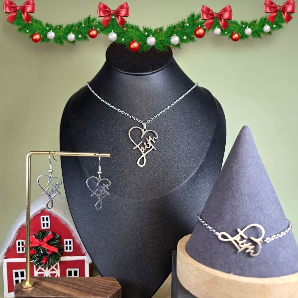 Stainless Steel‎ "Faith" Heart Jewelry Set (NWOT)